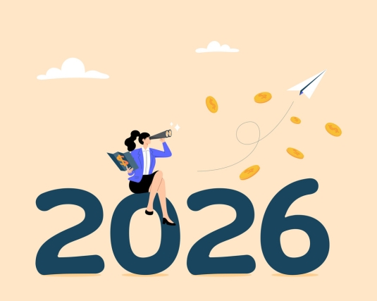 Cartoon of a woman looking toward her 2026 financial future.