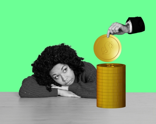Composite photo collage of American business girl work failure dollar coin inflation hand take bankrupt crisis isolated on painted background.