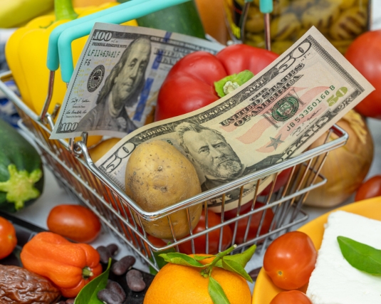 Shopping cart with food and American dollar. Financial and business concept. Rising prices in United States, Food prices increasing. Close up