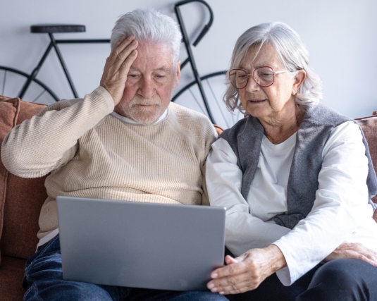 Two senior citizens looking stressed at their laptop.