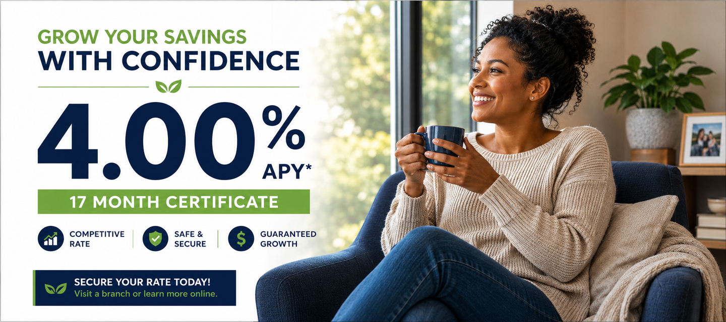 New 17-Month Certificate Special! Lock in 4.00% APY* for 17 Months. $500 minimum deposit. Available for new and existing money.