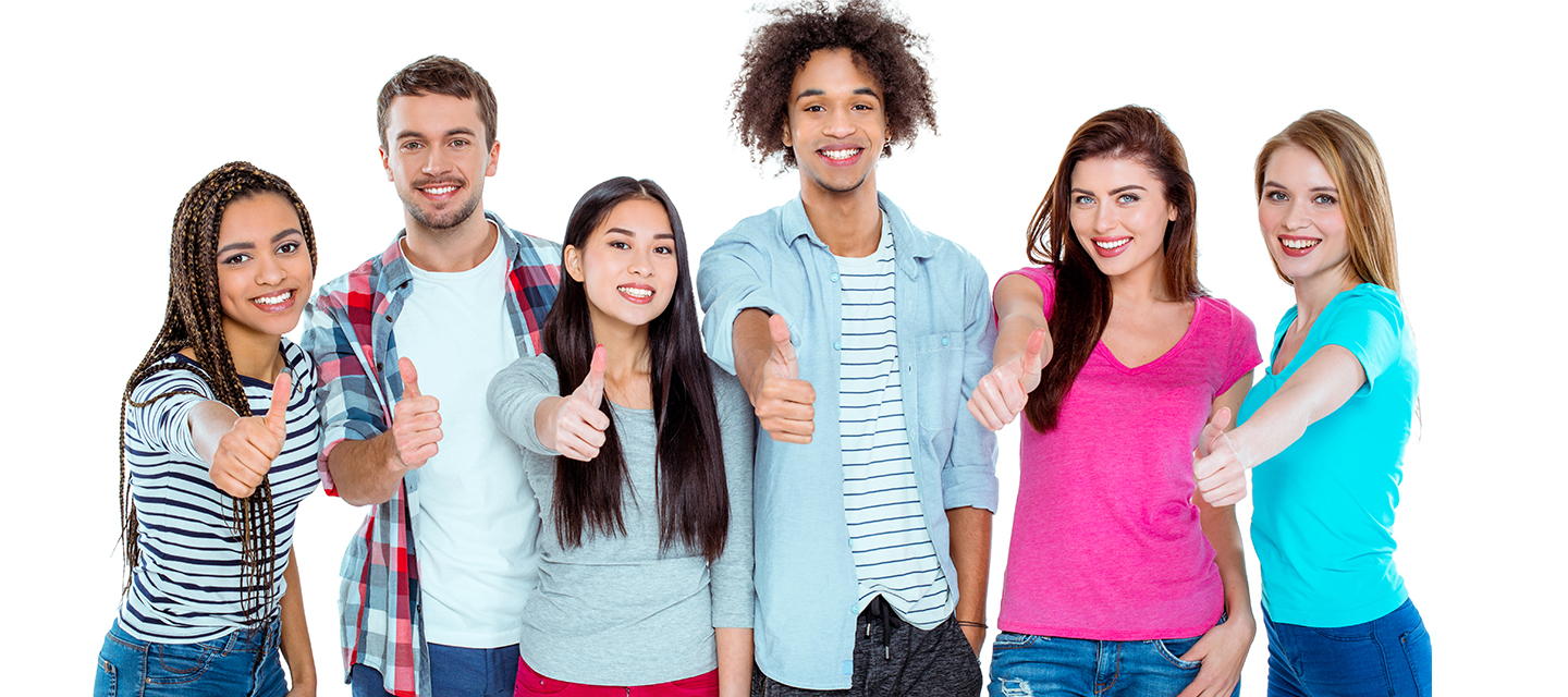 Group of diverse friends with their thumbs up for approval.