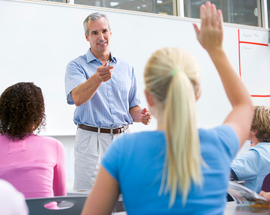 Student raising hand in class