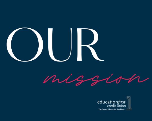 the words our mission on a blue background with our logo in white