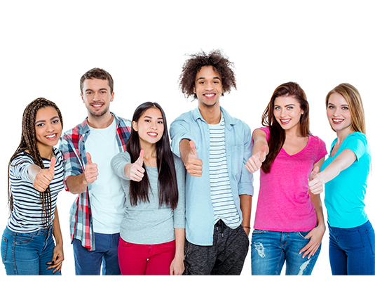 group of young diverse friends with their thumbs up for approval.