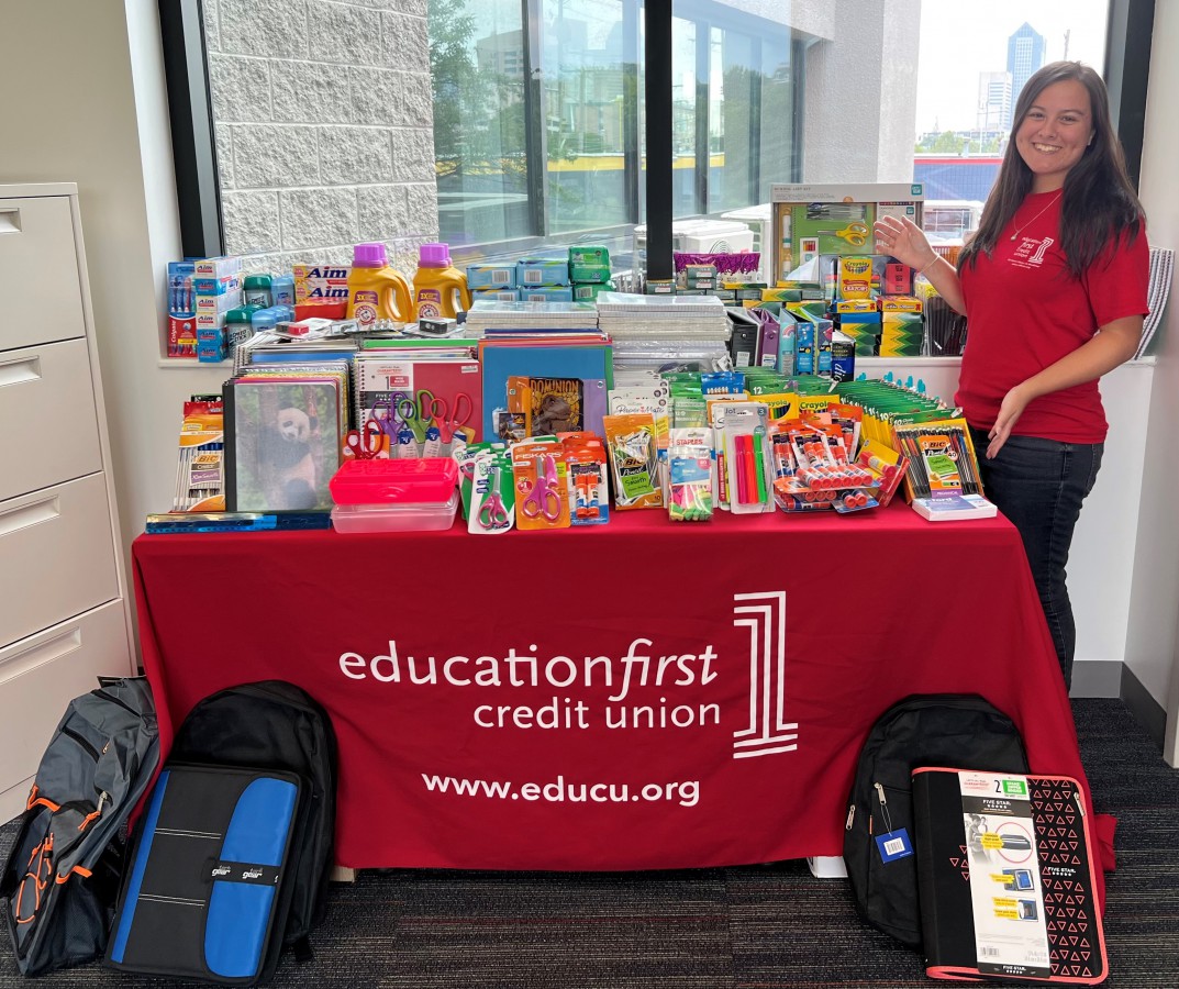 Table of school supplies collected in donation drive