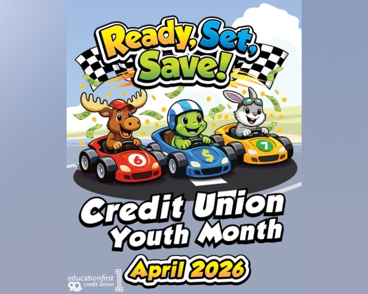 Ready, Set, Save Cartoon Animals in Race Cars Credit Union Youth Month April 2026 Graphic